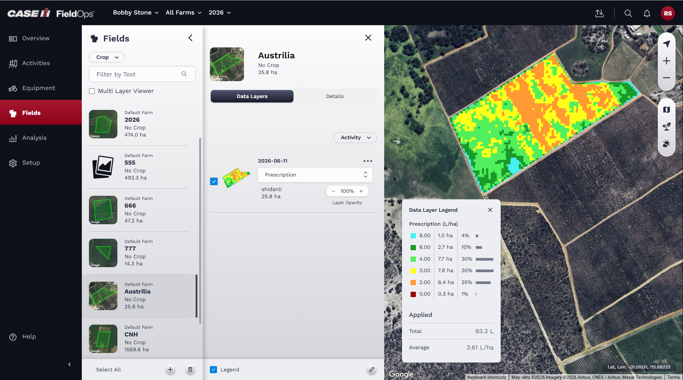 Mapa de prescripción sincronizado con Case IH FieldOps